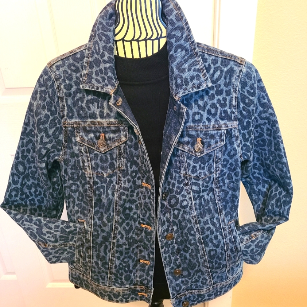 Chico's Blue Leopard Print Denim Jacket